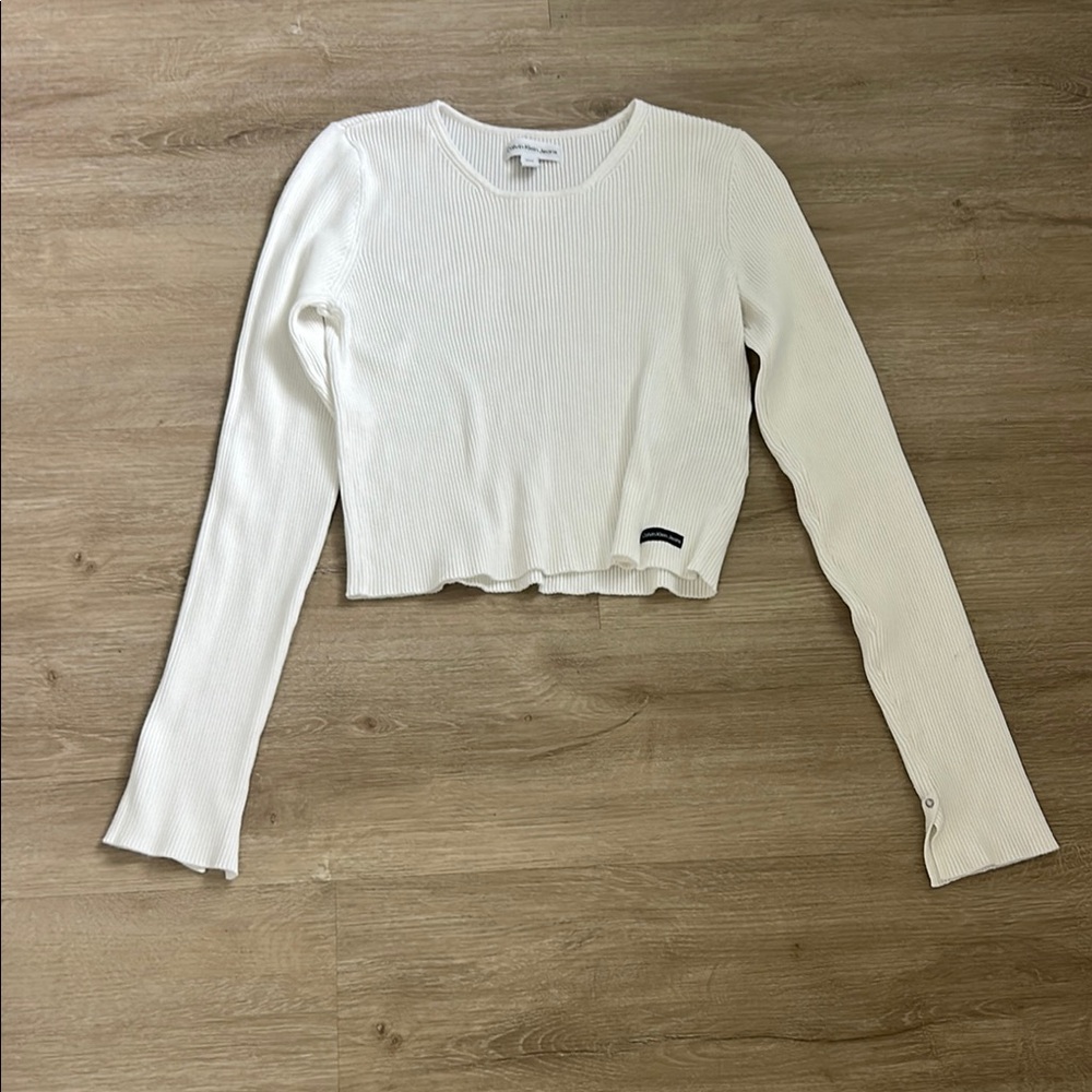 Calvin Klein Jeans Cream Ribbed Long Sleeve Crop Top